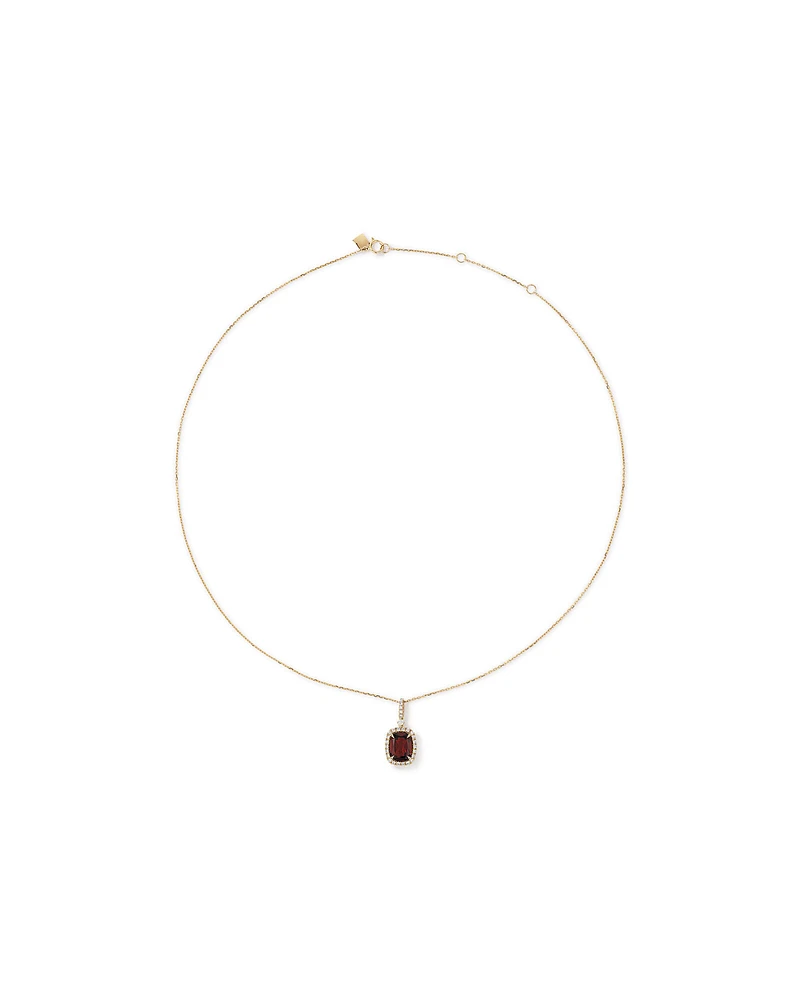 Collier Pendentif Halo En Grenat Rouge Taille Coussin Et Diamants En Or Jaune 10 Carats