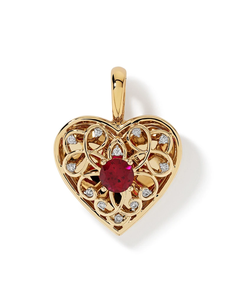 Pendentif Rehausseur En Filigrane En Forme De Cœur Avec Pierre Précieuse Rubis Créée Rouge Et Diamants En Or Jaune 10Ct