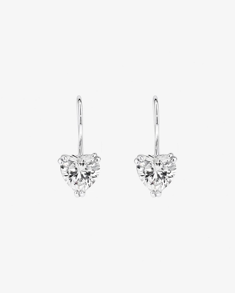 Love Heart Shaped Cubic Zirconia Drop Shepherds Hook Earrings in Sterling Silver