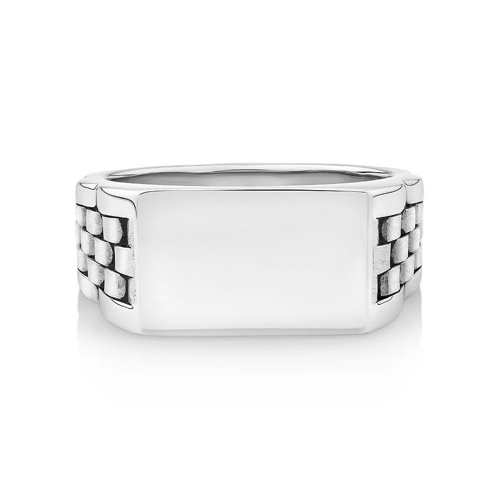 Men's Link Pattern Textured Signet Ring in Sterling Silver