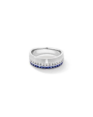 0.46 Carat TW Diamond and Blue Sapphire Gemstone Men's Ring in 10kt White Gold