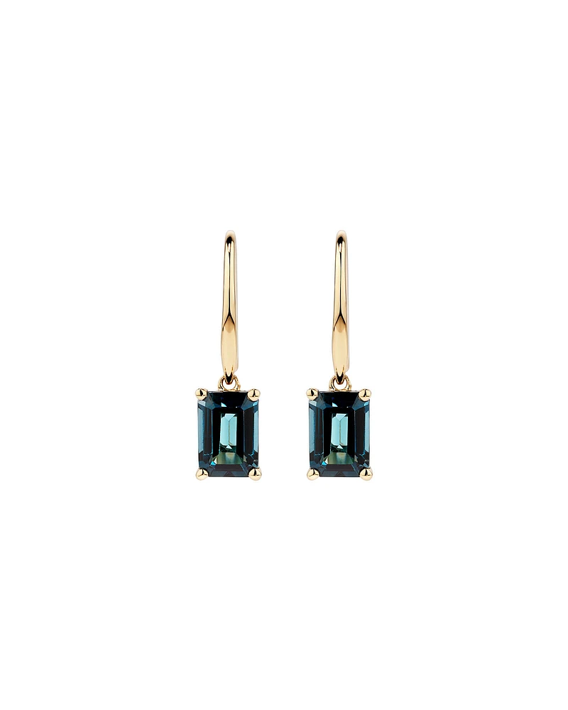 Boucles D'Oreilles Pendantes Avec Topaze Bleue De Londres Taille Émeraude En Or Jaune 10 Ct