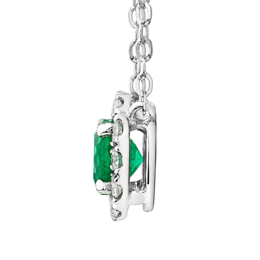 Halo Pendant with Emerald & 0.14 Carat TW of Diamonds in 10kt White Gold