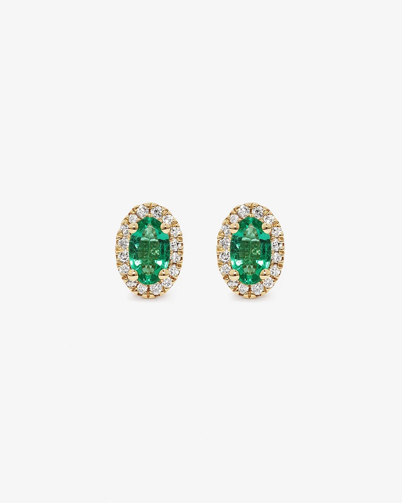 Oval Cut Green Emerald Gemstone and 0.09 Carat TW Diamond Halo Stud Earrings in 10kt Yellow Gold