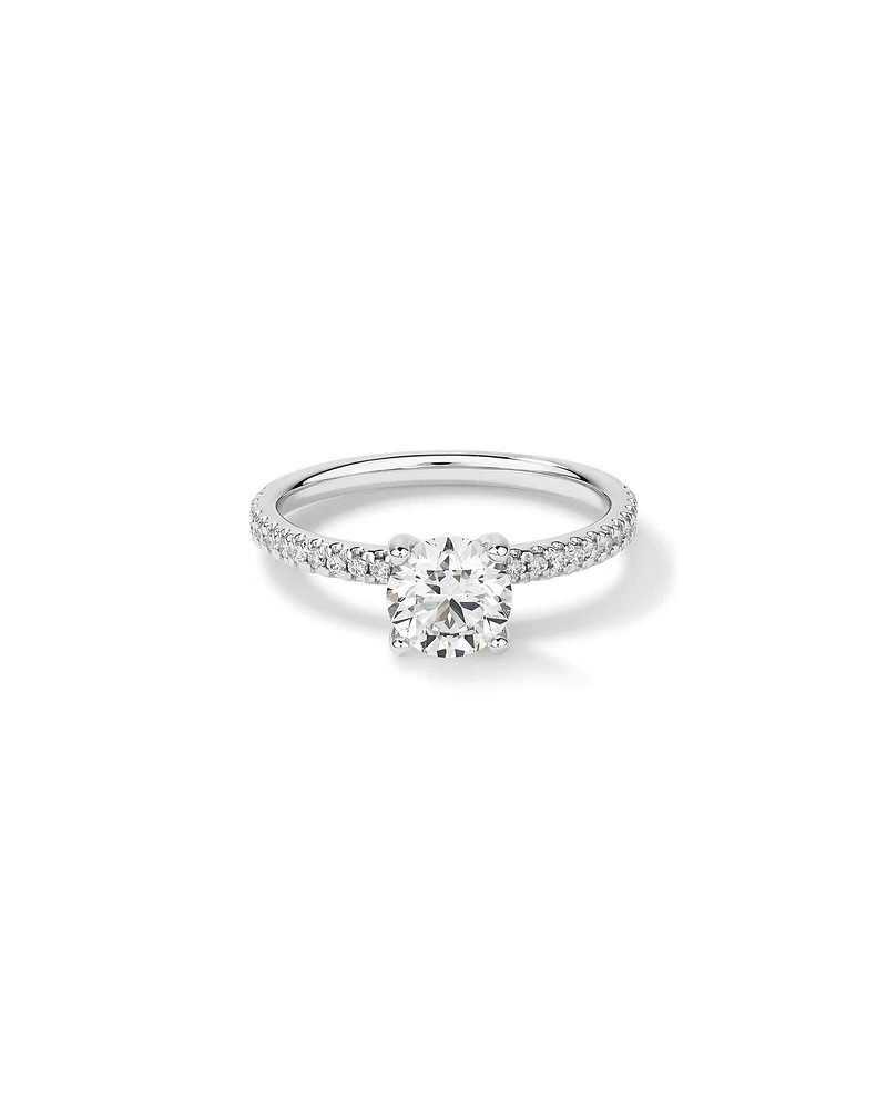 1.14 Carat TW of Diamonds Engagement Ring with a 1 Carat Round Centre Laboratory-Grown Diamond and shouldered by 0.14 Carat TW of Natural Diamonds in 14kt White Gold