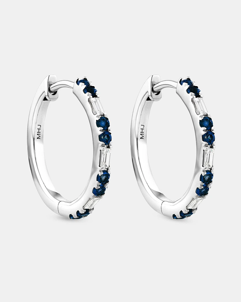 Sapphire & Diamond Dot Dash Hoop Earrings with 0.14 Carat TW in 10kt White Gold