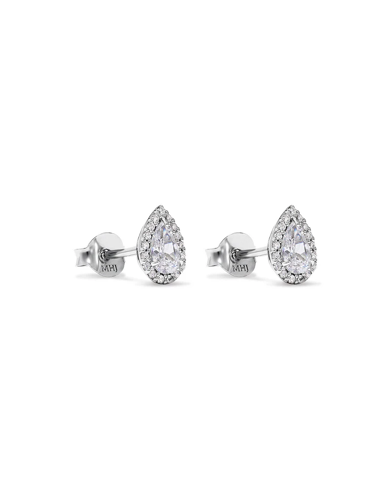 Pear Cubic Zirconia Halo Stud Earrings in Sterling Silver