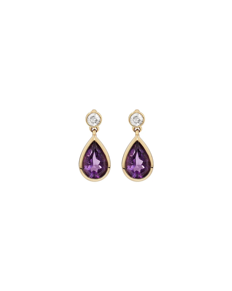 Pear Cut Purple Amethyst and Diamond Drop Stud Earrings Bezel Set in 10kt Yellow Gold