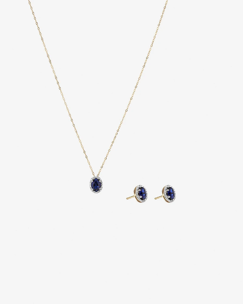 Oval Cut Blue Created Sapphire and Lab-Grown Diamond Halo Stud Earrings and Pendant Necklace Set in 10kt Yellow Gold and Rhodium