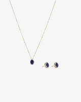 Oval Cut Blue Created Sapphire and Lab-Grown Diamond Halo Stud Earrings and Pendant Necklace Set in 10kt Yellow Gold and Rhodium