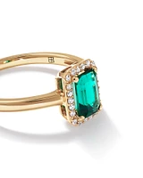 Emerald Cut Green Created Emerald Gemstone and Diamond Halo Ring in 10kt Yellow Gold