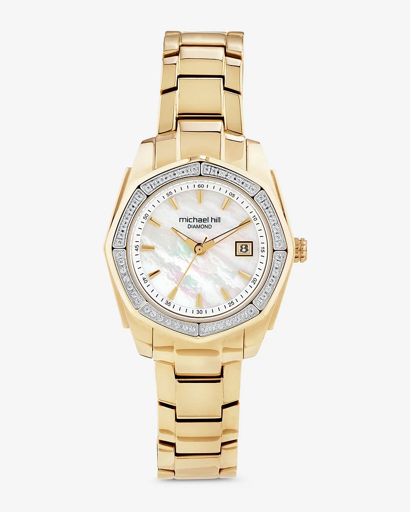 Ladies Mother of Pearl Watch with 0.28 Carat TW of Diamonds in Gold Tone Stainless Steel