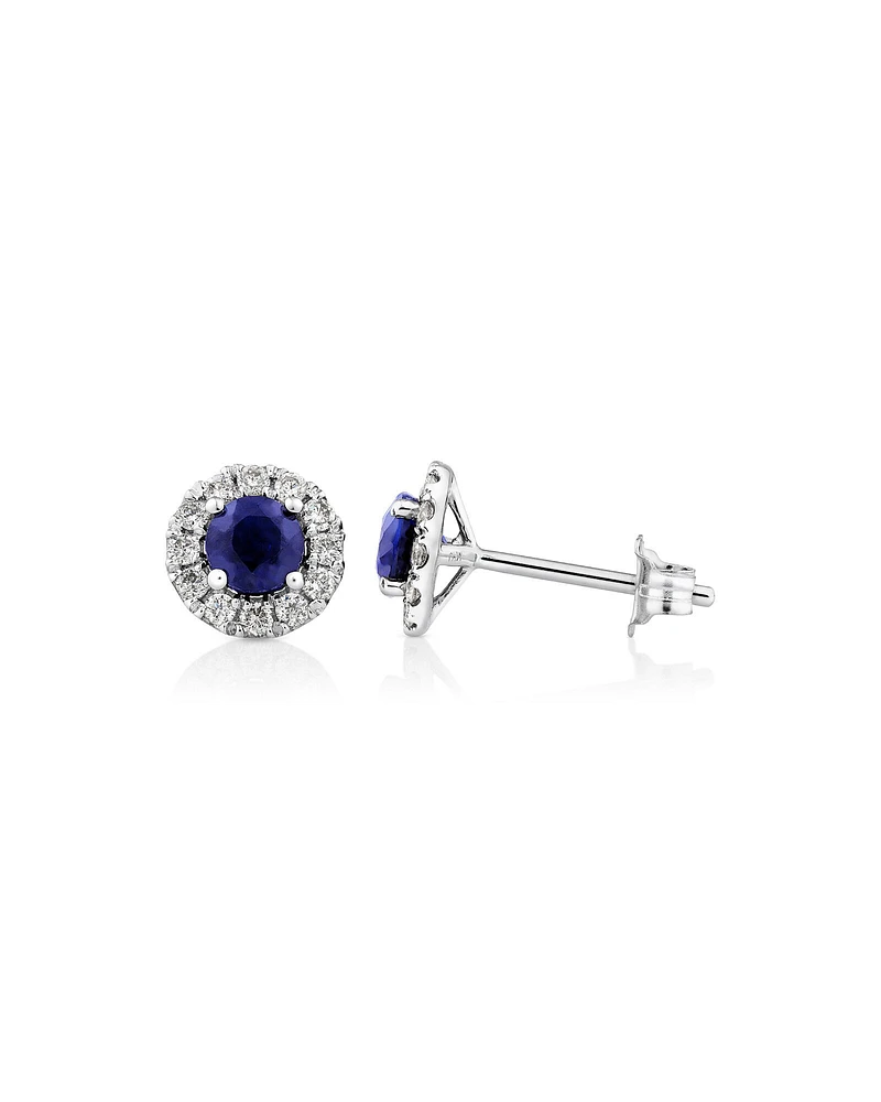 Halo Stud Earrings with Sapphire & 0.28 Carat TW of Diamonds in 10kt White Gold