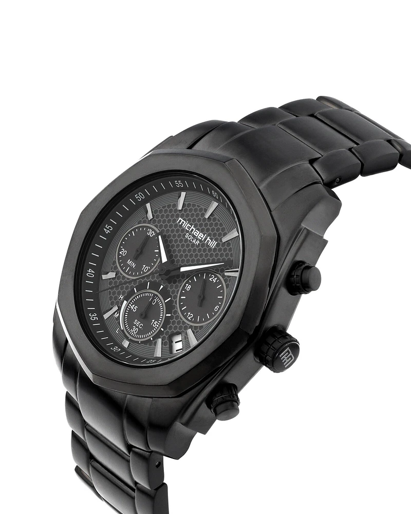 Montre chronographe solaire en acier inoxydable noir pour homme