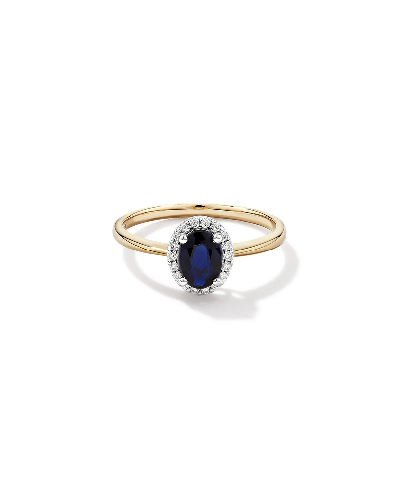 Bague De Fiançailles En Or Jaune Et Blanc 10 Carats Avec Pierre Précieuse Saphir Bleu Taille Ovale Et Halo De Diamants De 0,10 Carat Poids Total