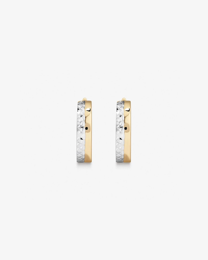 9.6mm Polished and Diamond Cut Huggie Hoop Earrings in 10kt Yellow and White Gold