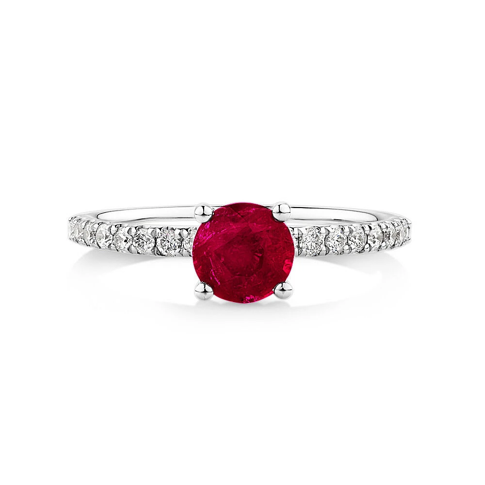 Solitaire Ruby Ring with 0.25 Carat TW of Diamonds in 10kt White Gold