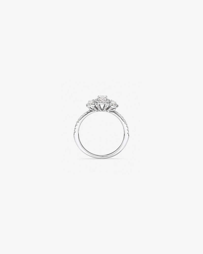 0.77 Carat TW Three Stone Oval Cut Halo Engagement Ring in 14kt White Gold