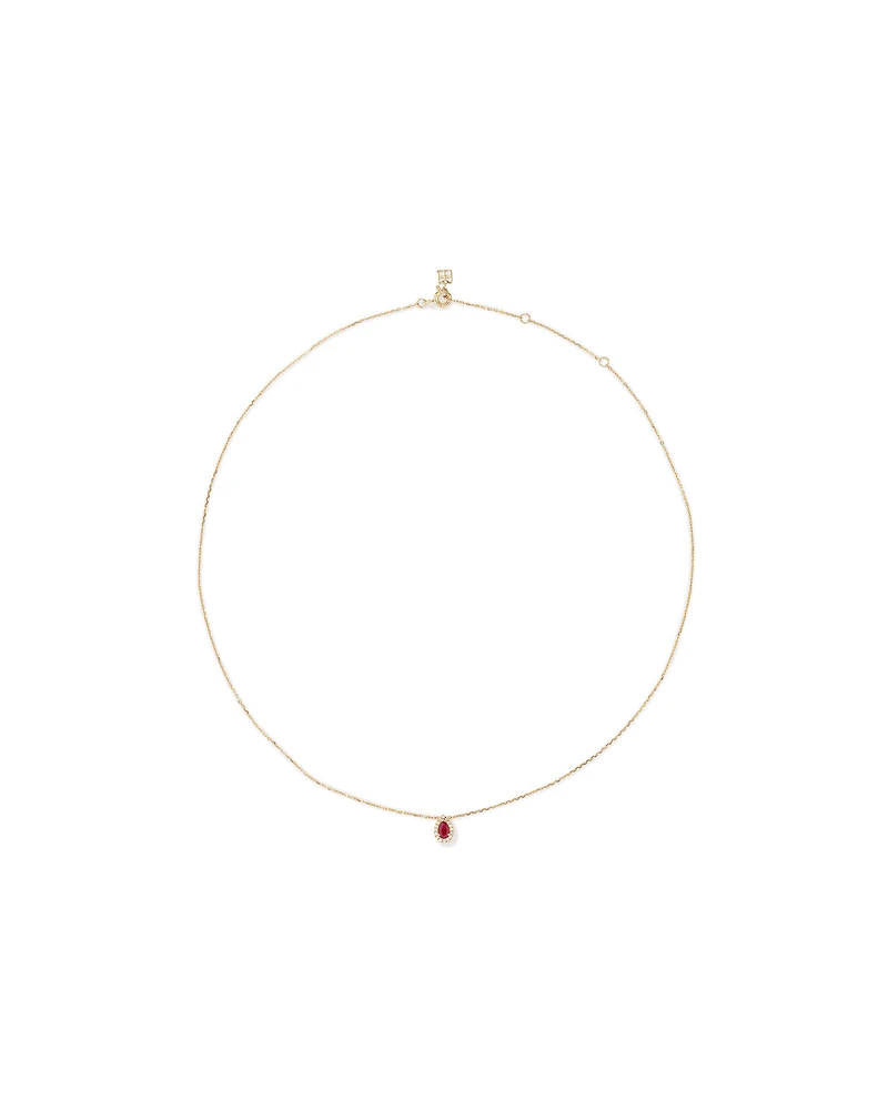 Pear Cut Red Ruby Gemstone and 0.05 Carat TW Diamond Halo Necklace in 10kt Yellow Gold