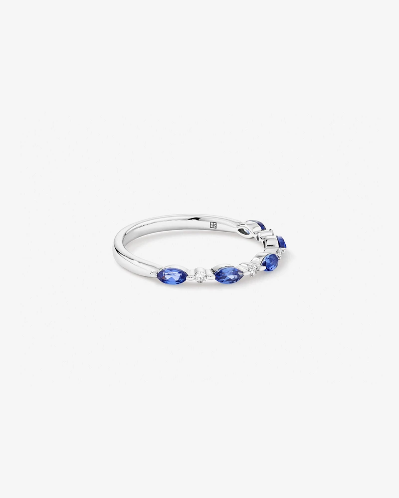 Marquise Cut Ceylon Blue Created Sapphire Gemstone and Diamond Ring in Sterling Silver