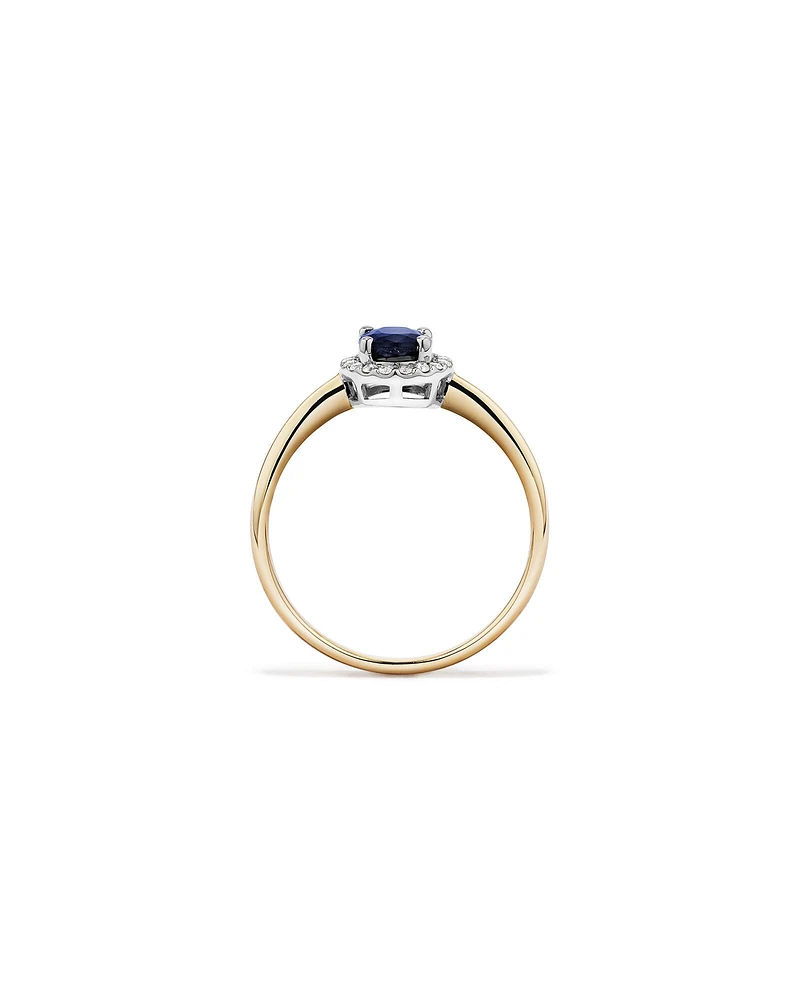 Oval Cut Blue Sapphire Gemstone and 0.10 Carat TW Diamond Halo Engagement Ring in 10kt Yellow and White Gold