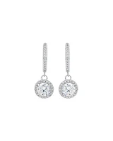 Round Brilliant Cubic Zirconia Halo Drop Hoop Earrings in Sterling Silver