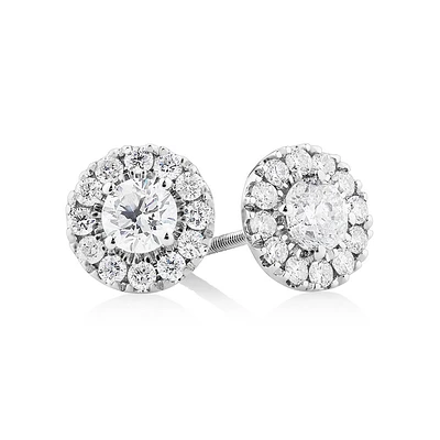 Dainty Halo Earrings with 1.00 Carat TW of Diamonds in 14kt White Gold