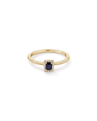 Emerald Cut Blue Sapphire Gemstone and 0.09 Carat TW Diamond Halo Ring in 10kt Yellow Gold