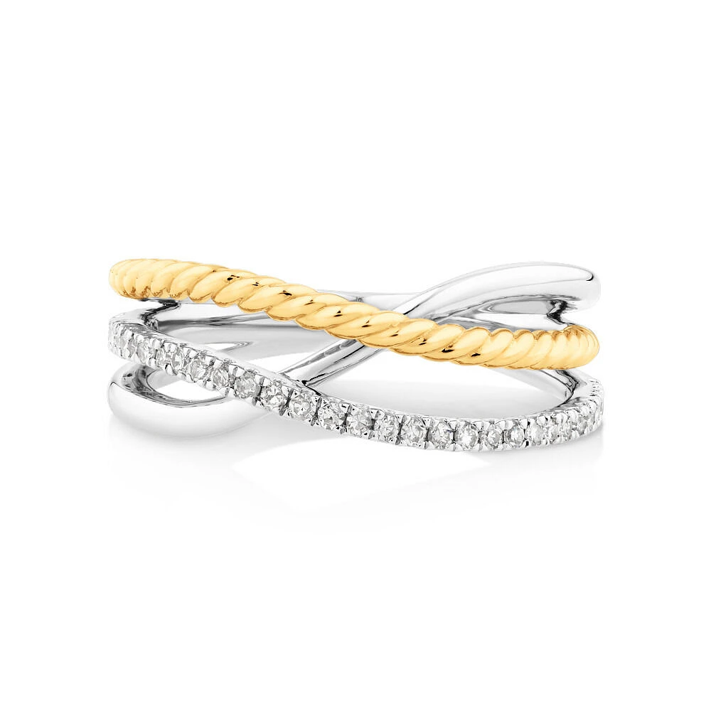 Crossover Wrap Ring with .15 Carat TW Diamonds in Sterling Silver and 10kt Yellow Gold