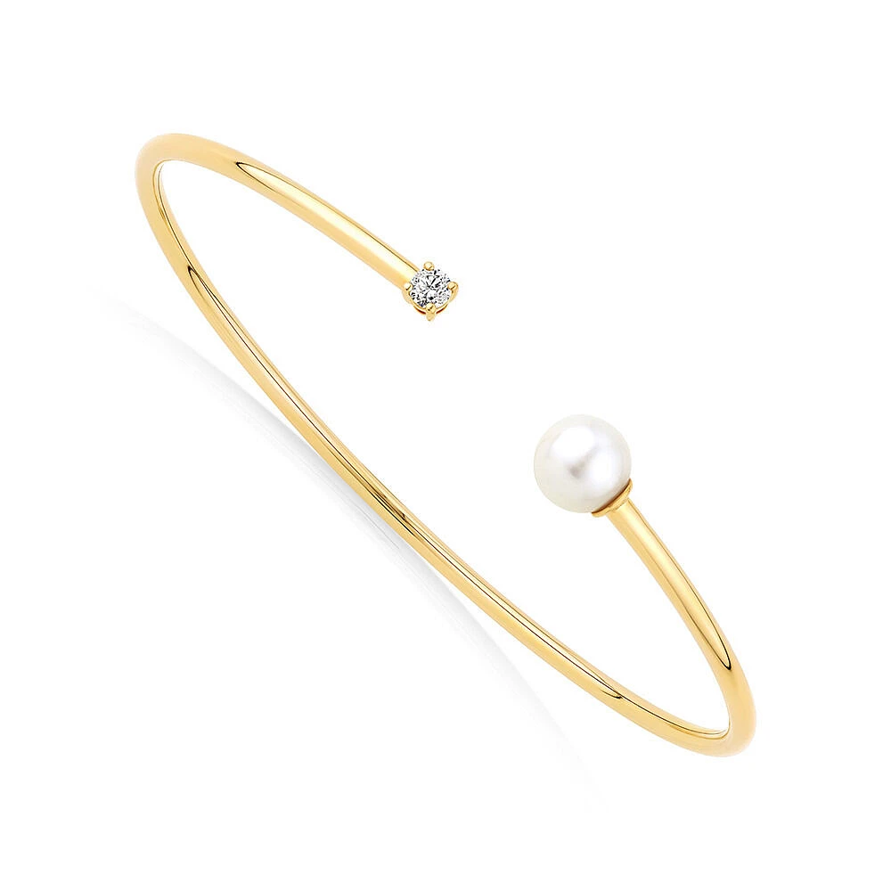 Cultured Freshwater Pearl and Diamond Torque Bangle in 10kt Yellow Gold