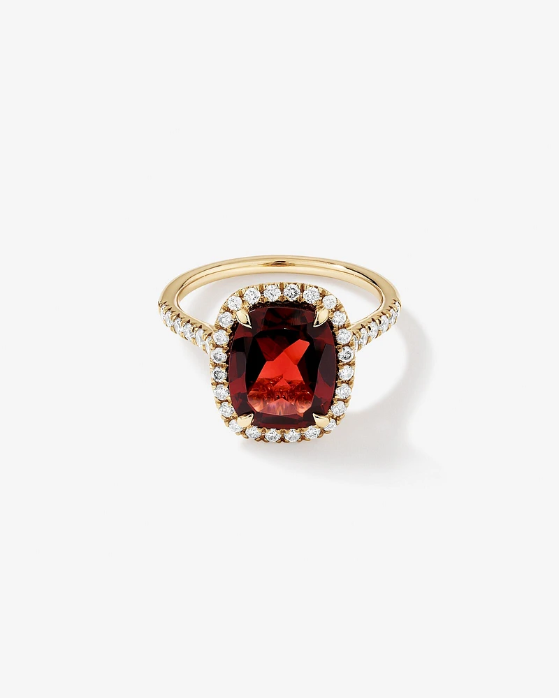 Cushion Cut Red Garnet Gemstone and Diamond Halo Ring in 10kt Yellow Gold