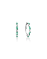 Emerald & Diamond Dot Dash Hoop Earrings with 0.14 Carat TW in 10kt White Gold