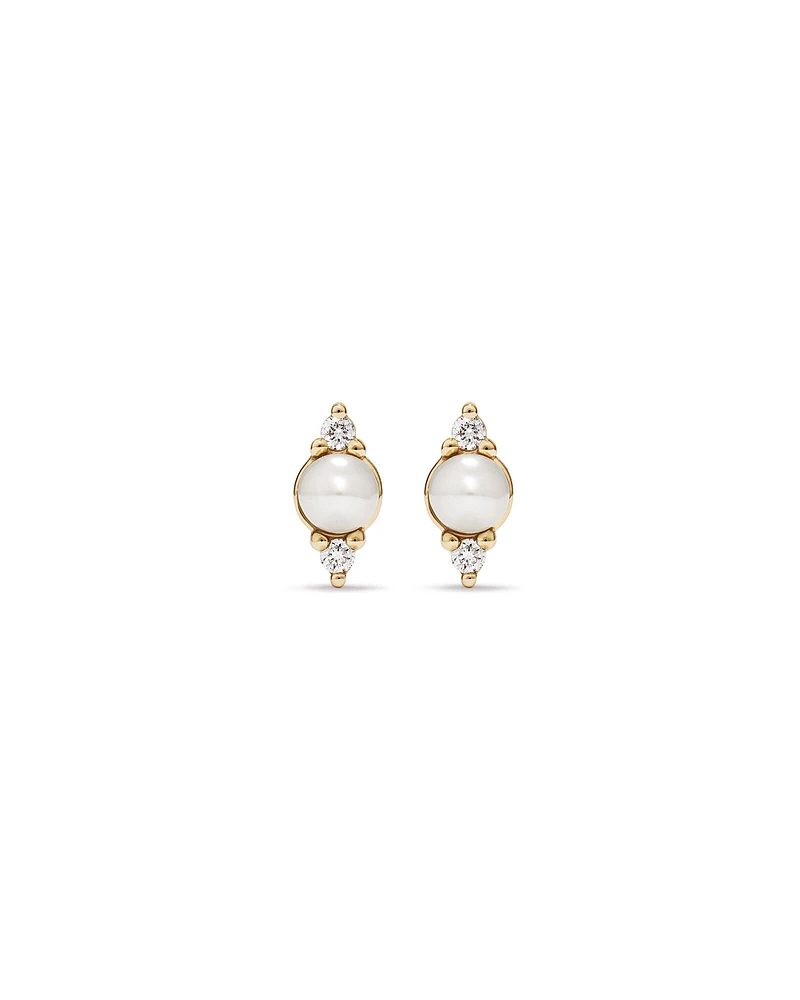 Three Stone Cultured Freshwater Pearl and Diamond Stud Earrings in 10kt Yellow Gold