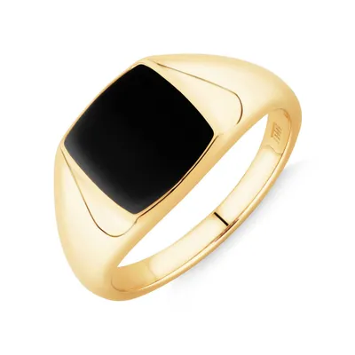 Men's Ring with Cushion-Shaped Onyx in 10kt Yellow Gold