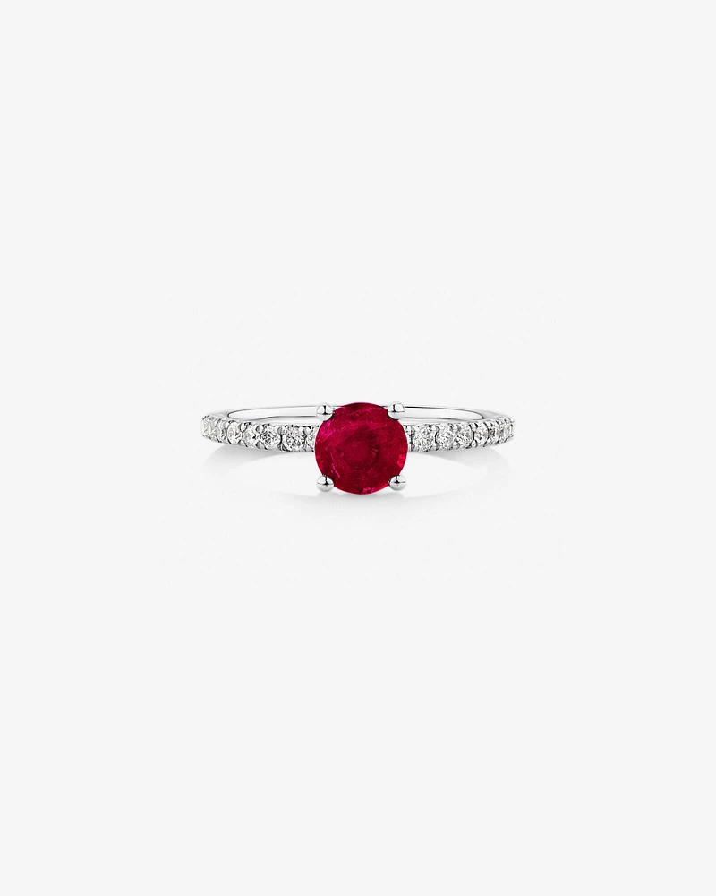 Solitaire Ruby Ring with 0.25 Carat TW of Diamonds in 10kt White Gold