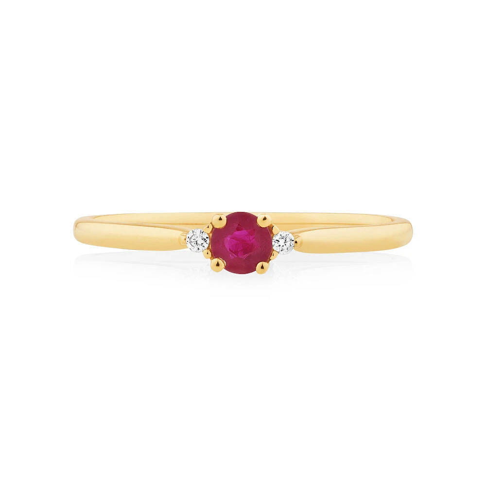 3 Stone Ring with Ruby & Diamonds 10kt Yellow Gold