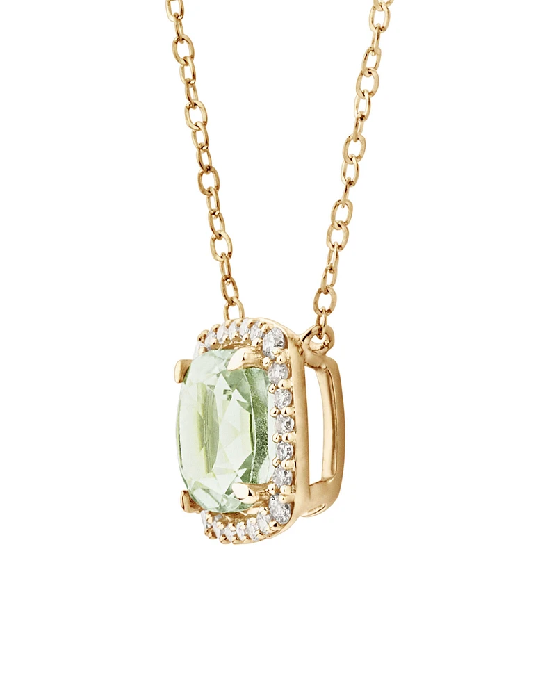 Halo Necklace with Green Amethyst & 0.15 Carat TW of Diamonds in 10kt Yellow Gold