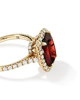 Cushion Cut Red Garnet Gemstone and Diamond Halo Ring in 10kt Yellow Gold