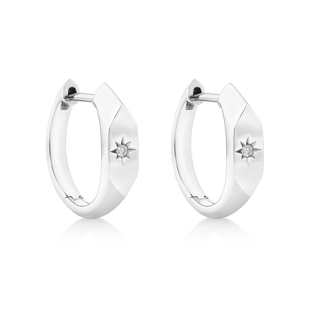 Diamond Star Accent Signet Huggie Hoop Earrings in Sterling Silver