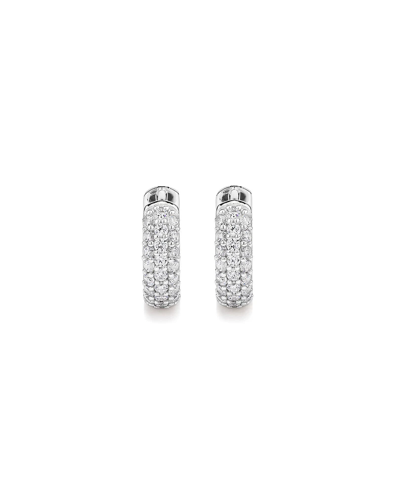 Cubic Zirconia Puff Cross Huggie Earrings in Sterling Silver