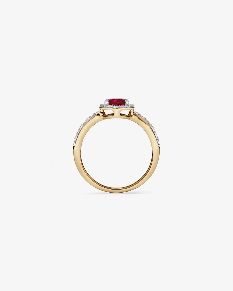 Round Cut Red Created Ruby and Lab-Grown Diamond Halo Ring in 10kt Yellow Gold and Rhodium