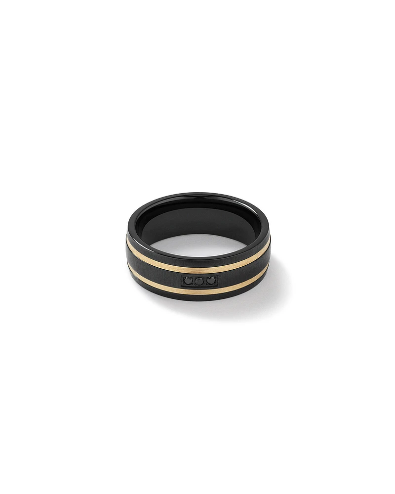 Bague en diamant noir en titane noir avec incrustations en or jaune 10 carats.