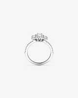 0.80 Carat TW Three Stone Emerald Cut Halo Engagement Ring in 14kt White Gold