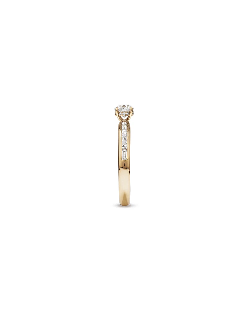 0.77 Carat TW Round Brilliant Diamond and Baguette, Princess Side Accent Engagement Ring with Hidden Halo in 14kt Yellow Gold