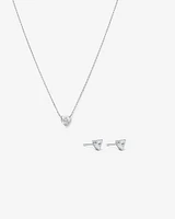 Cubic Zirconia Heart Stud Earrings and Necklace Set in Sterling Silver