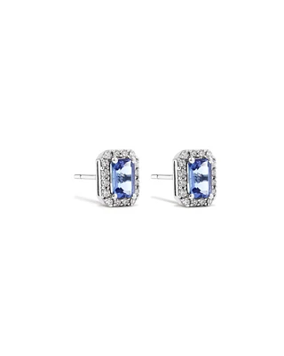 Emerald Cut Blue Tanzanite Gemstone and 0.25Carat TW Diamond Halo Stud Earrings in 14kt White Gold