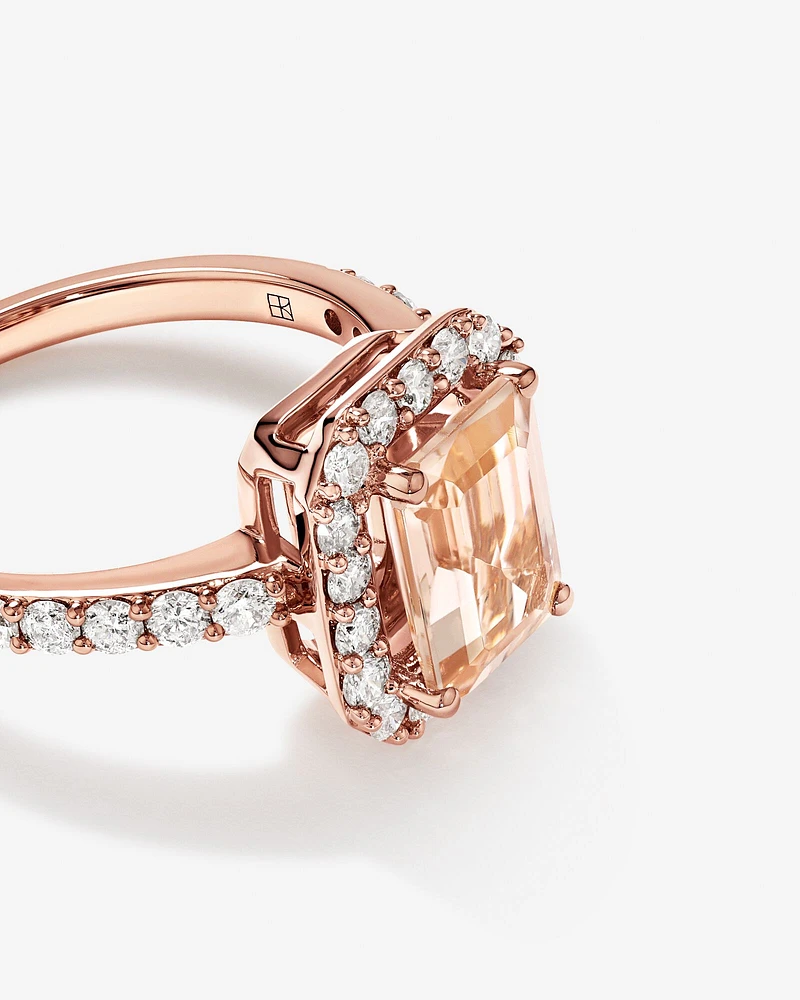 Emerald Cut Pink Morganite Gemstone and 0.75 Carat TW Diamond Halo Ring in 14kt Rose Gold