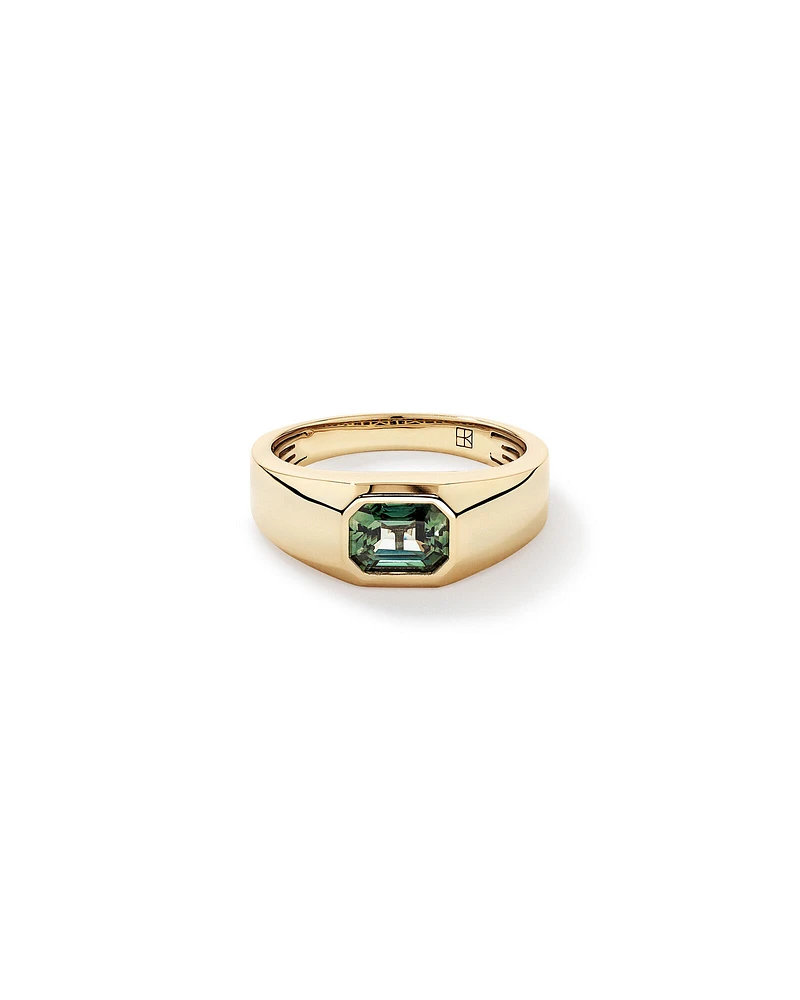 Bezel Set Green Sapphire Gemstone Solitaire Mens Ring in 10kt Yellow Gold