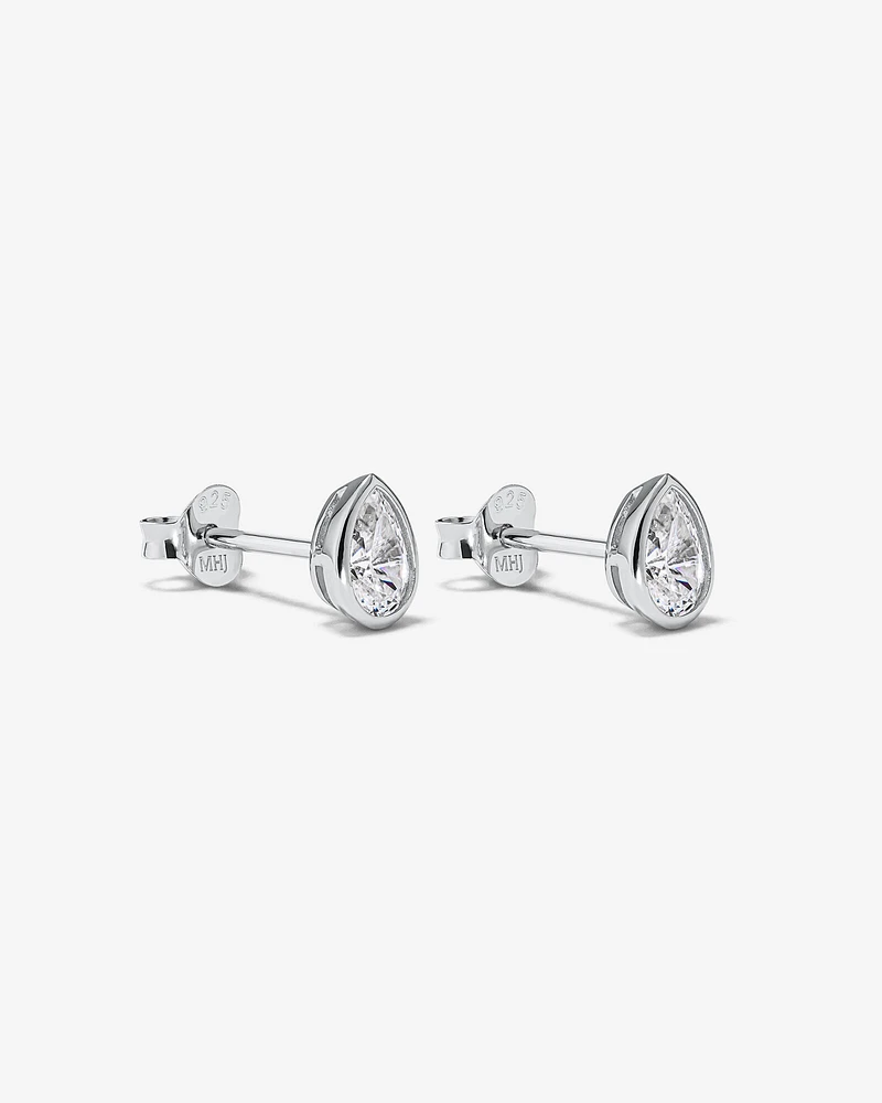 Pear Shaped Cubic Zirconia Bezel Set Stud Earrings in Sterling Silver