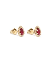 Pear Cut Red Ruby Gemstone and 0.09 Carat TW Diamond Halo Stud Earrings in 10kt Yellow Gold